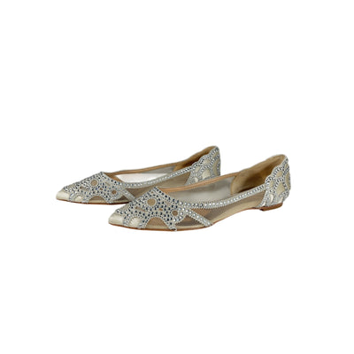 Badgley Mischka Embellished Ivory Satin Gigi Pointed Toe Flats Size 8