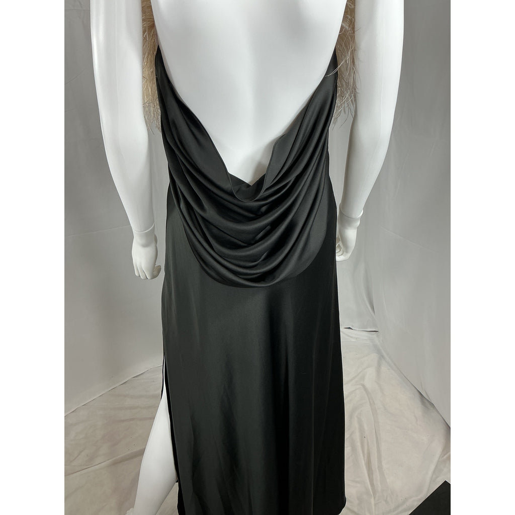 Patbo Feather Trim Black Poly Midi Slip Dress Size 4