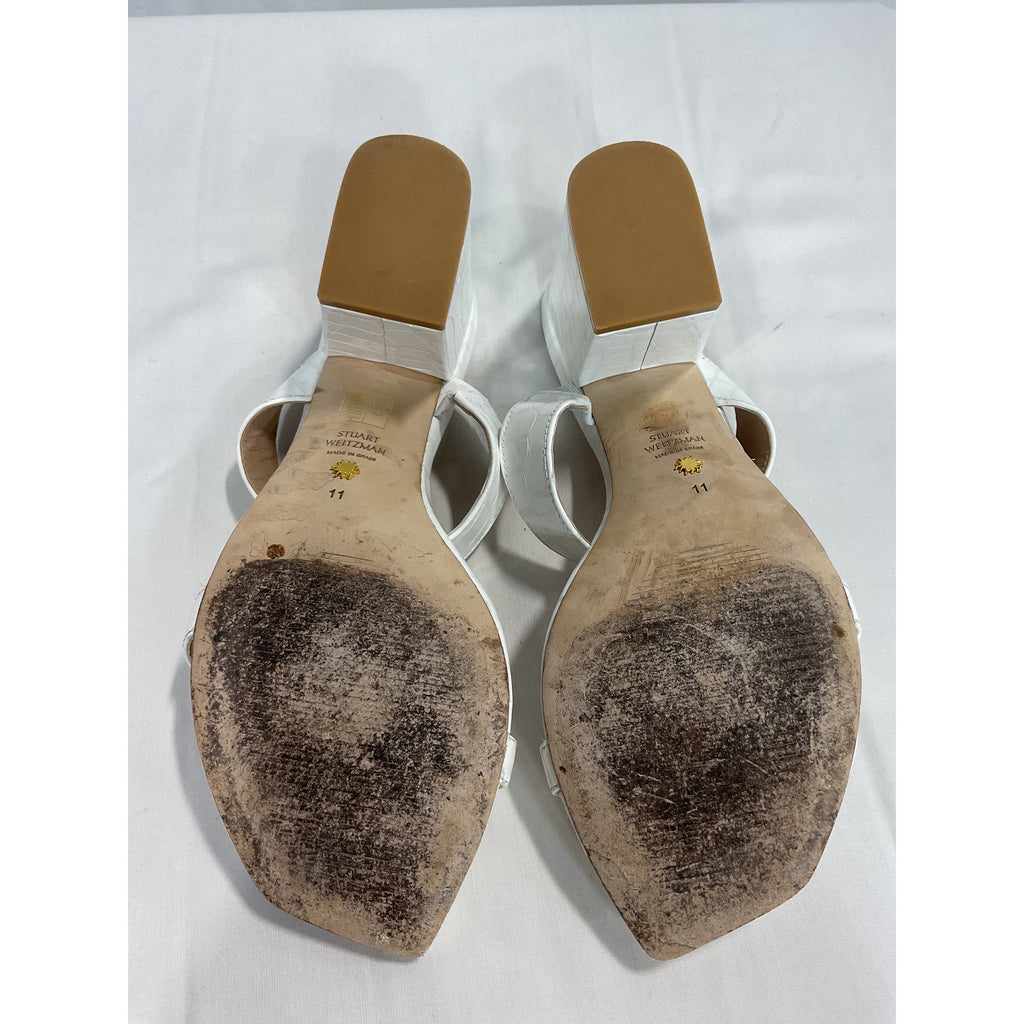Stuart Weitzman 'Croc-Embossed' White Leather Mules Size 11
