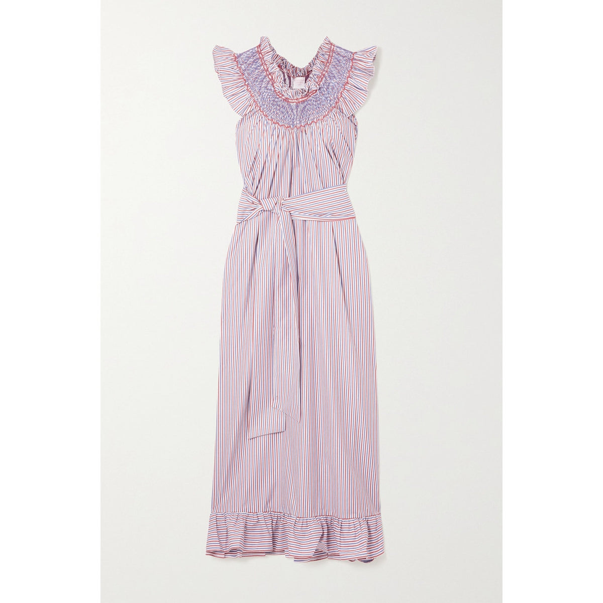 Loretta Caponi 'Delfina' Blue Cotton Belted Ruffled Smocked Striped Cotton-Poplin Midi Dress Size OS