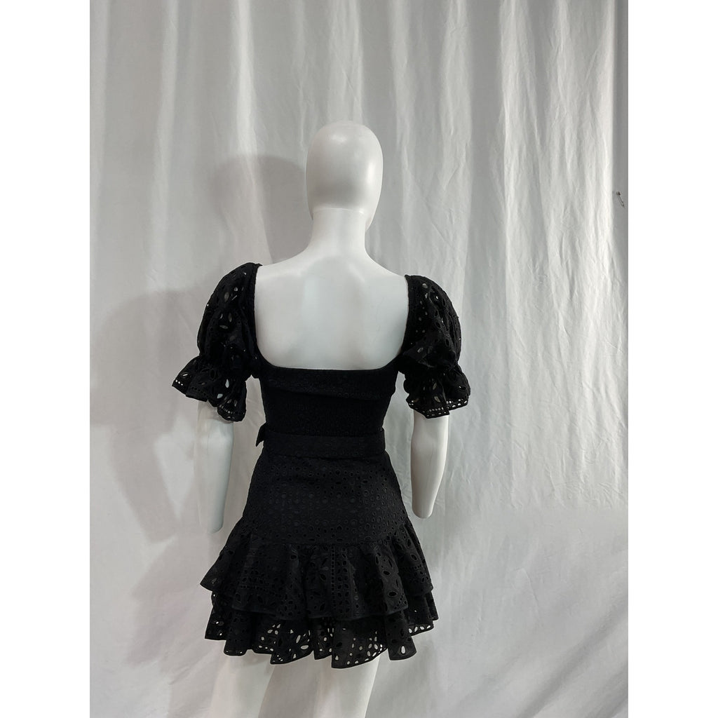 Charo Ruiz Denim Jean Off-The-Shoulder Black Belted Broderie Anglaise Cotton-Blend Mini Dress Size XS