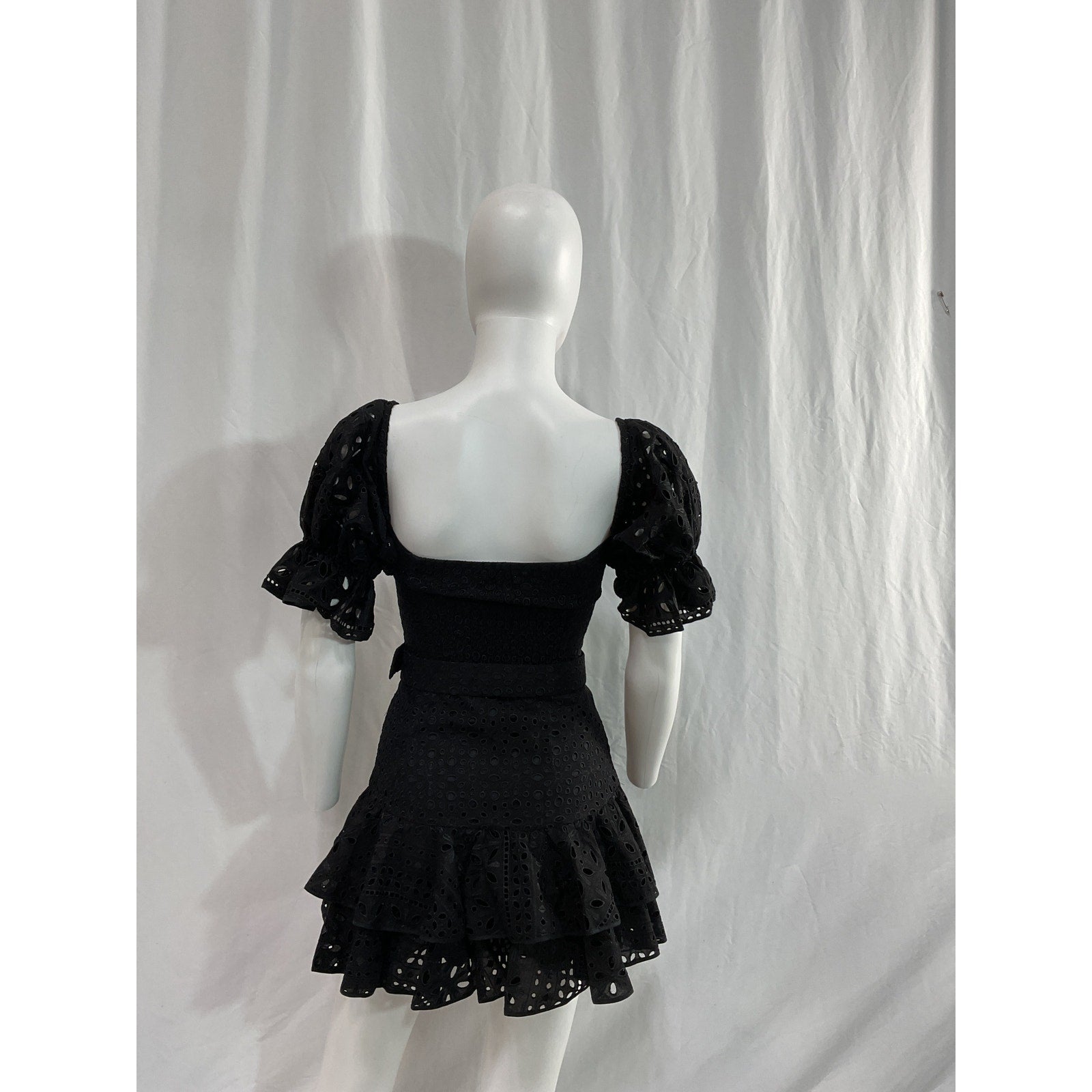 Charo Ruiz Denim Jean Off-The-Shoulder Black Belted Broderie Anglaise Cotton-Blend Mini Dress Size XS