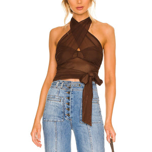 Majorelle 'Charlize' Brown Nylon Halter Top Size XS