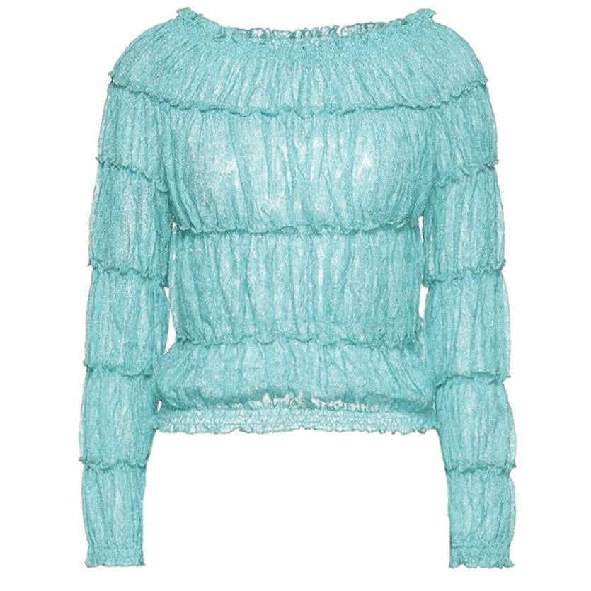 Missoni Off-The-Shoulder Blue Shirred Metallic Crochet-Knit Sweater Size 4