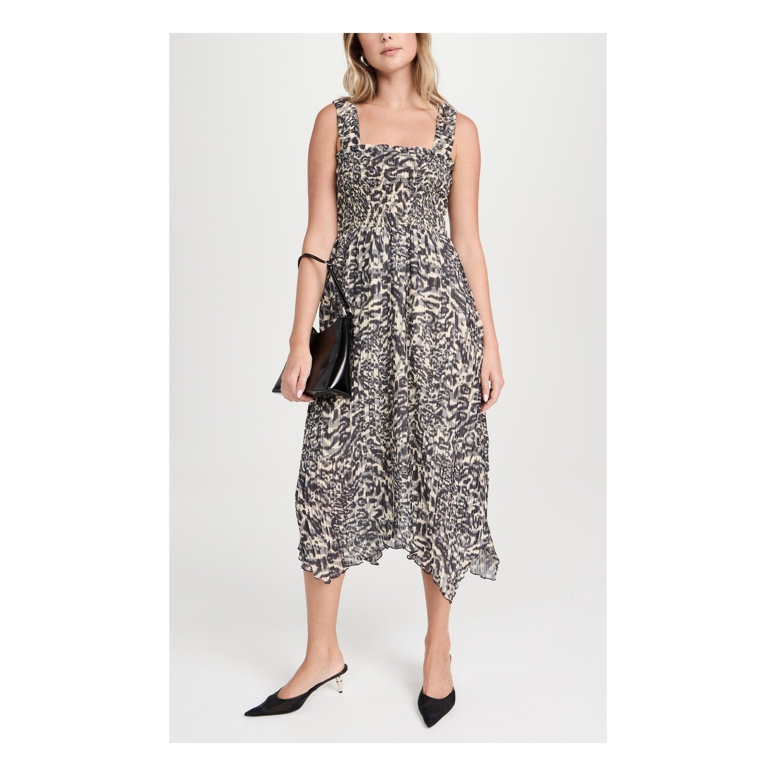 Ganni Pleated Black Polyester Georgette Smock Midi Strap Dress Size 32