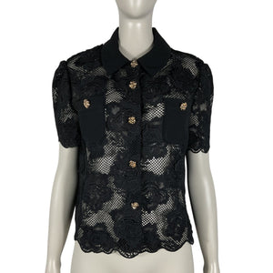 Self-Portrait Elegant Black Floral Lace Button-Front Collared Blouse Size 10