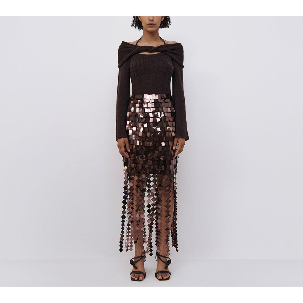 Simkhai 'Cambria' Brown Long Sleeve Halter Tie Sheer Alpaca Top Size XS