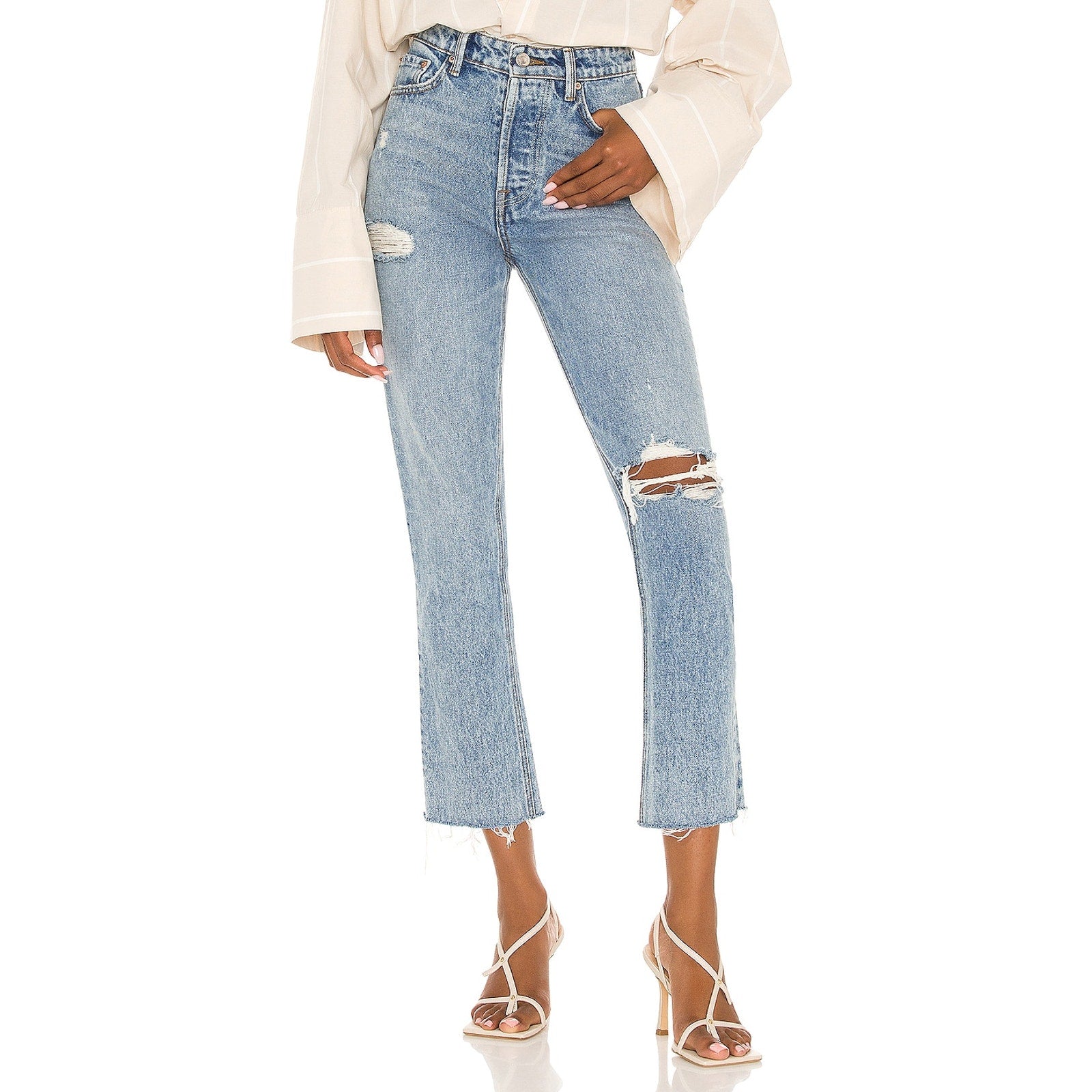 Grlfrnd 'Karolina' Blue Cotton High Rise Straight Crop Denim Jean Size 26