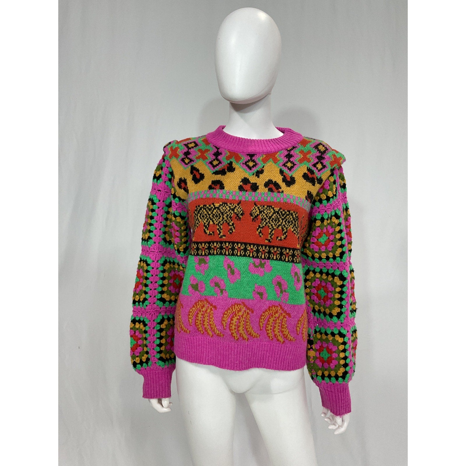 Farm Rio Bright Pink 'Leopards Ainika' Sweater Size XS
