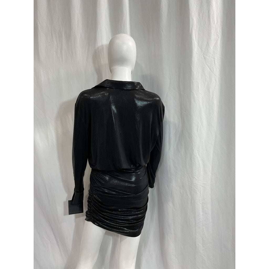 Norma Kamali 'Boyfriend' Black Plunge Neck Shirred Shirt Dress Size XS - NWT