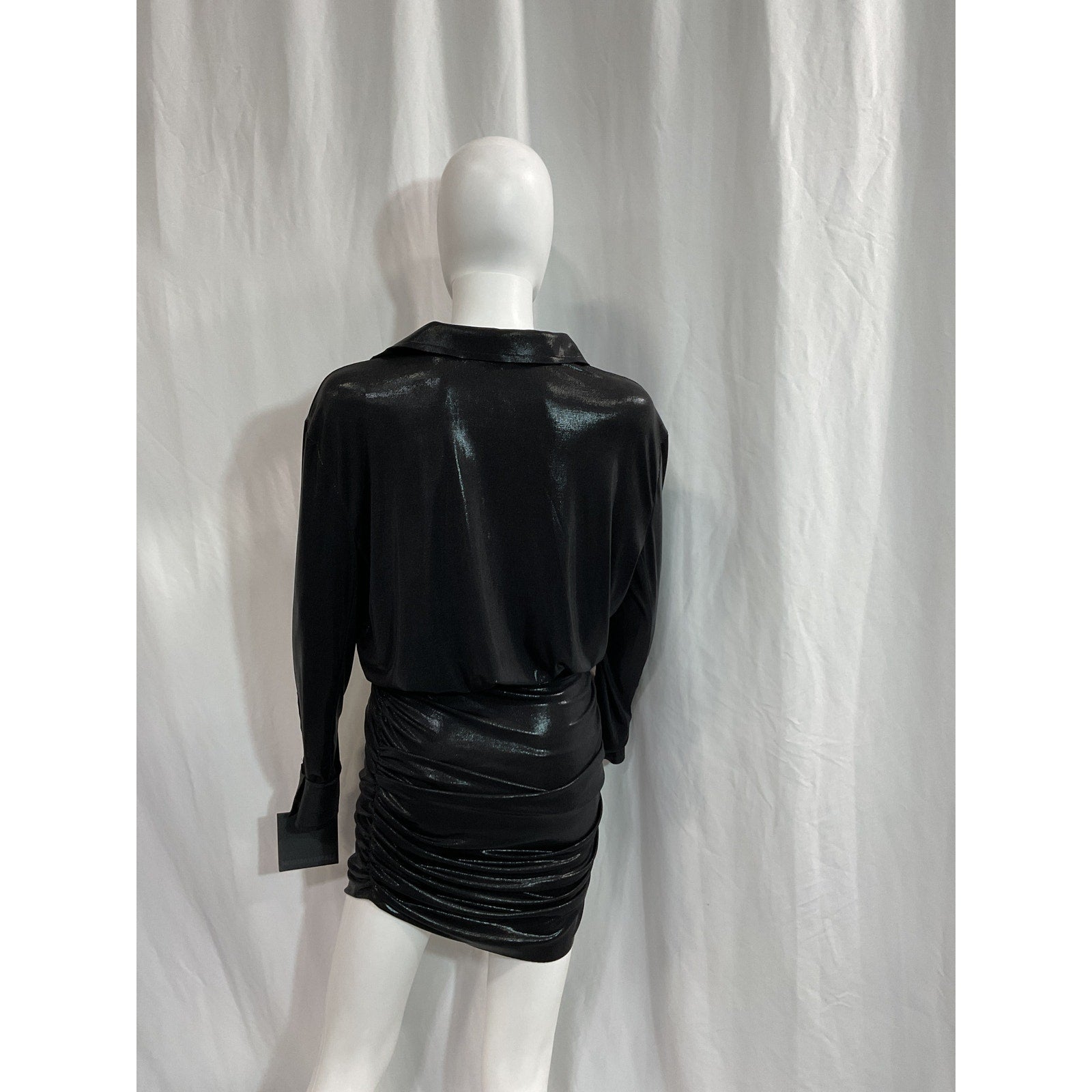 Norma Kamali 'Boyfriend' Black Plunge Neck Shirred Shirt Dress Size XS - NWT