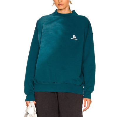 Balenciaga Logo Petrol Blue And White Crewneck Sweatshirt Size XXS
