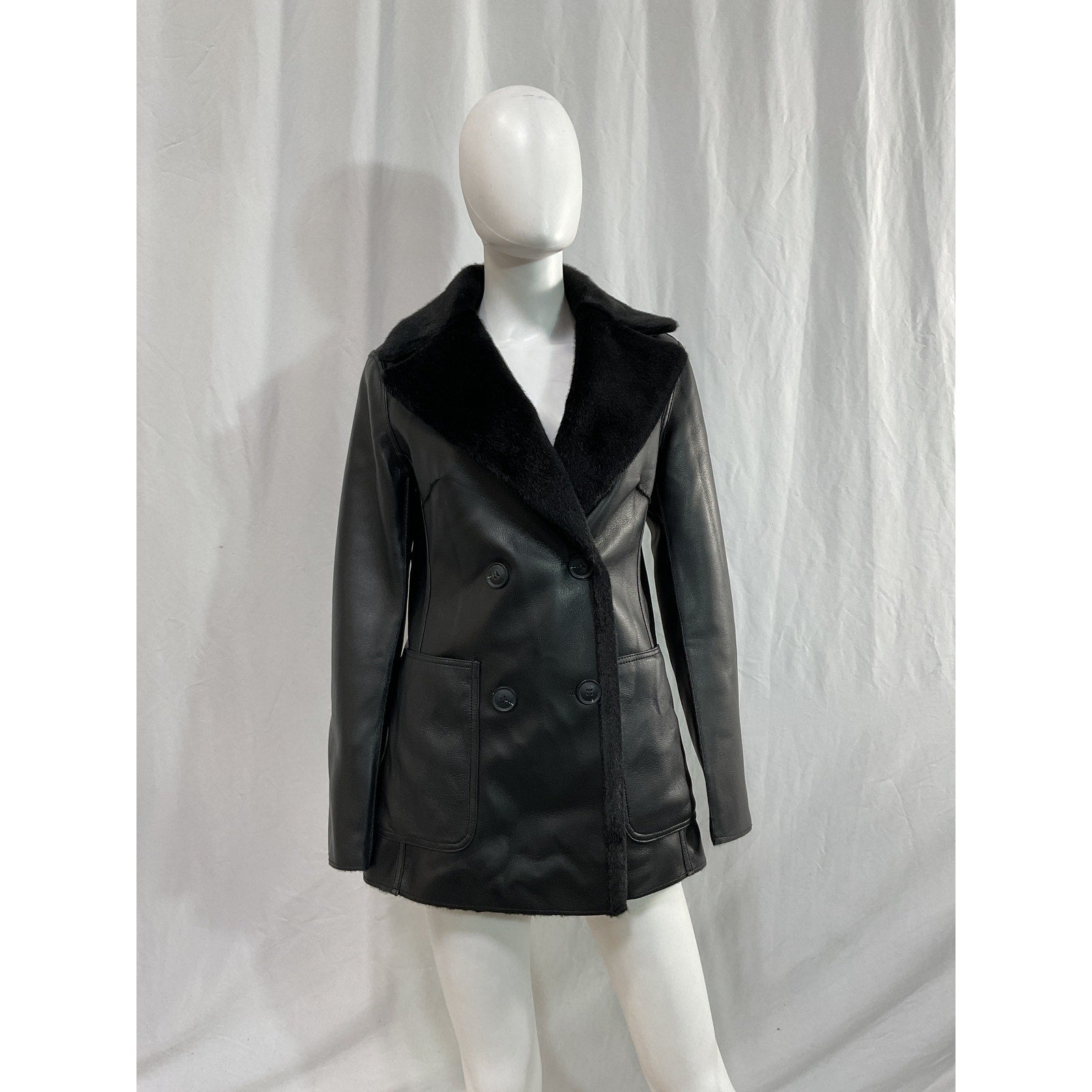 Lamarque 'Camille' Black Faux Leather & Fur Coat Size XS