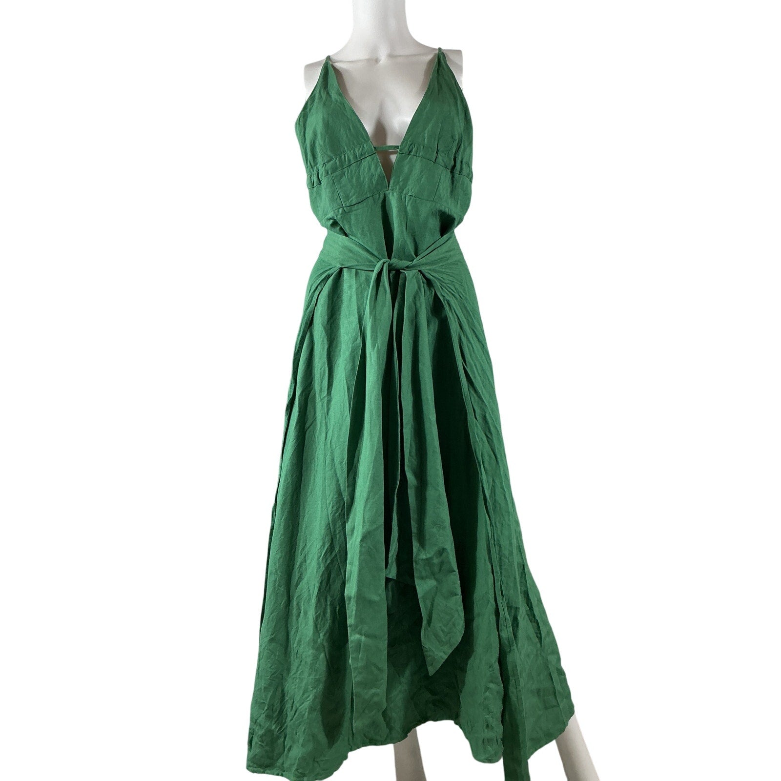 Cult Gaia 'Margot' Green Linen Plunging Linen Maxi Dress Size S