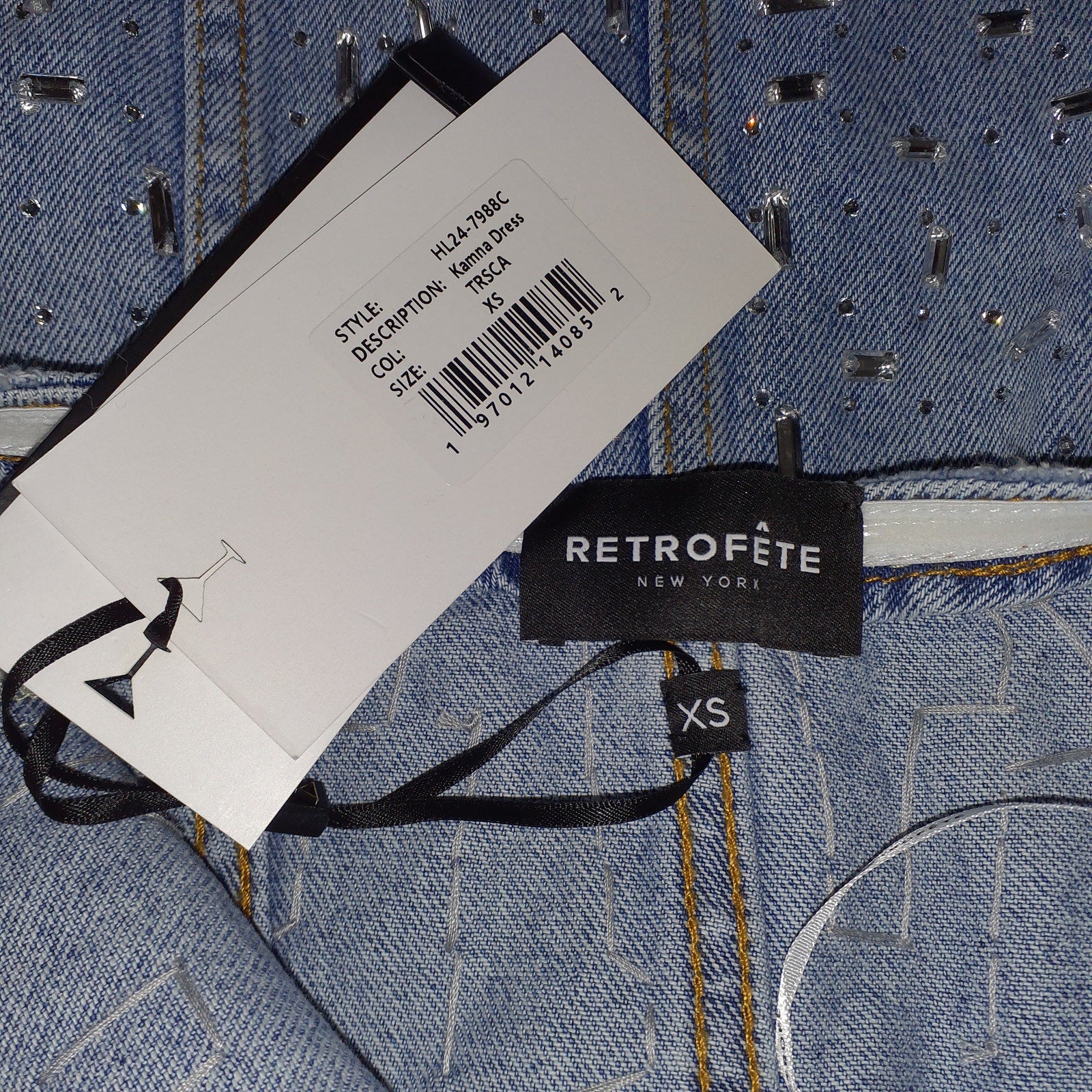 Retrofete 'Kamna' Blue Crystal / Bead Embellished Denim Dress Size XS - NWT