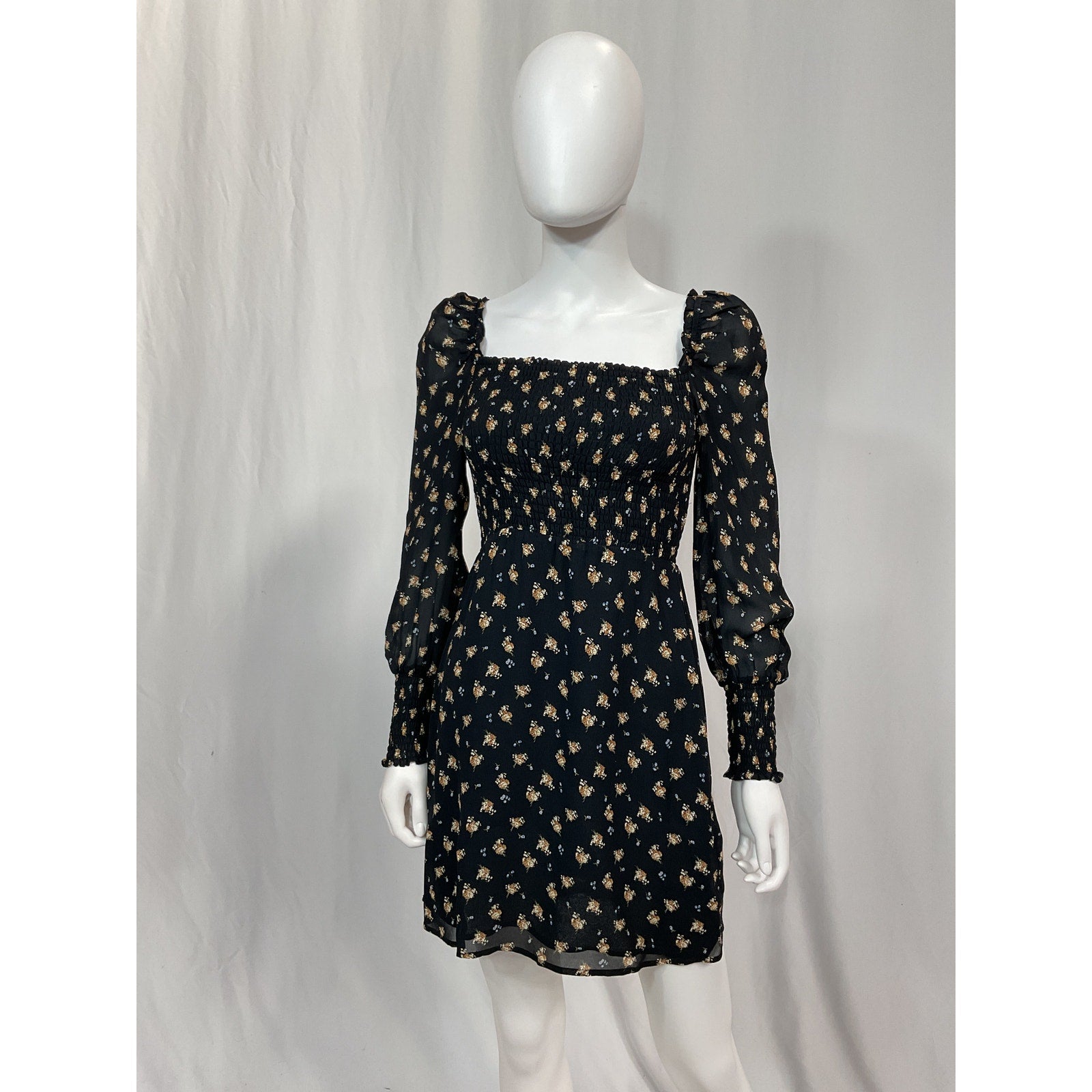 Maje 'Shirred' Black Floral-Print Crepe Mini Dress Size S