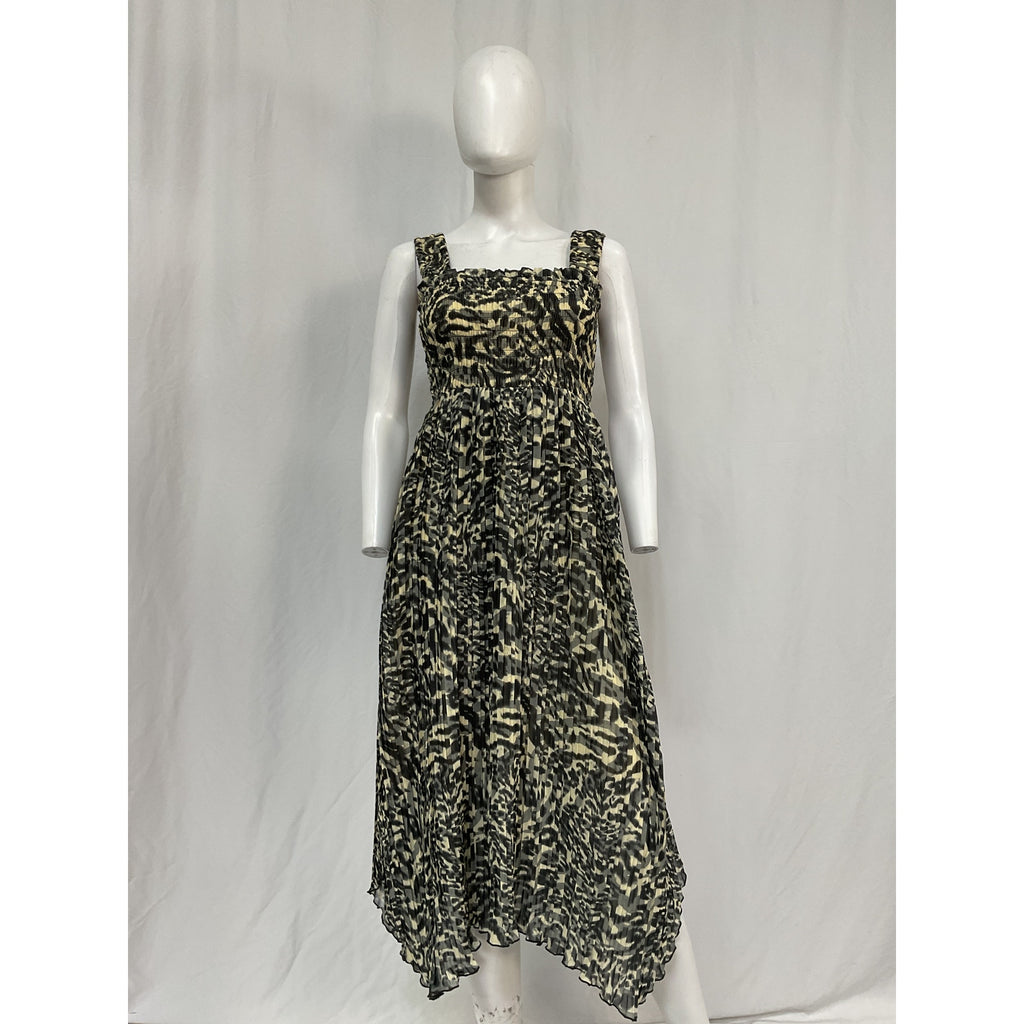 Ganni Pleated Black Polyester Georgette Smock Midi Strap Dress Size 32