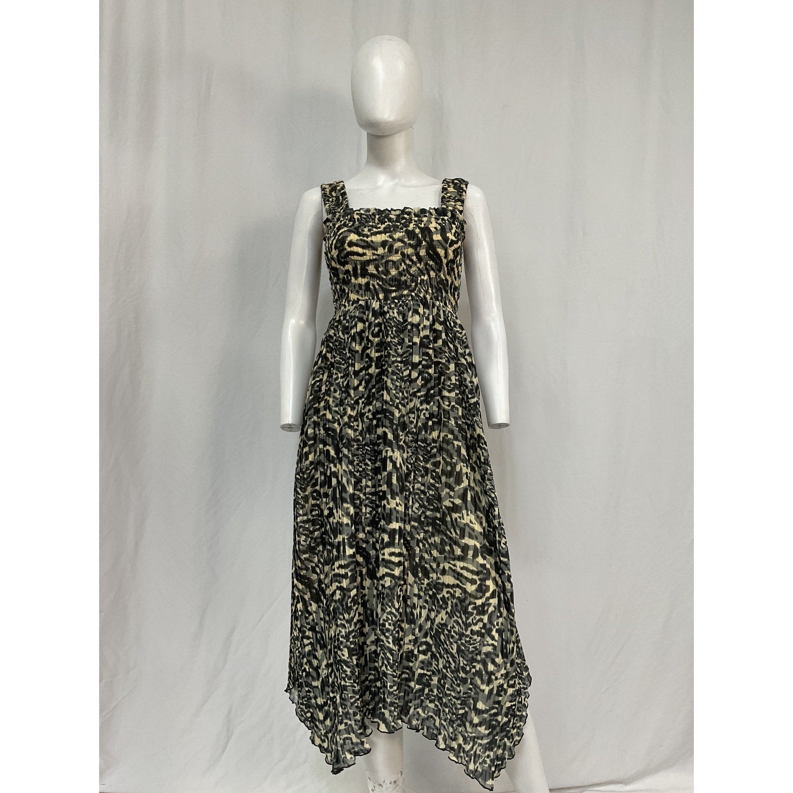 Ganni Pleated Black Polyester Georgette Smock Midi Strap Dress Size 32