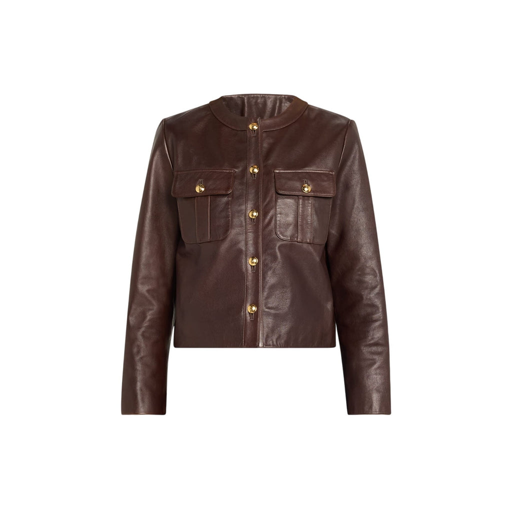 Nili Lotan 'Kitra' Brown Leather Crew Neck Patch Pocket Size S