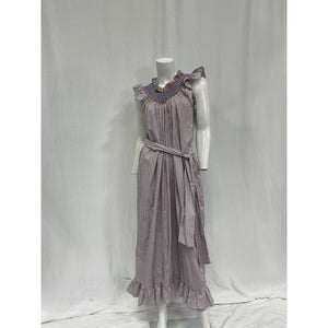 Loretta Caponi 'Delfina' Blue Cotton Belted Ruffled Smocked Striped Cotton-Poplin Midi Dress Size OS