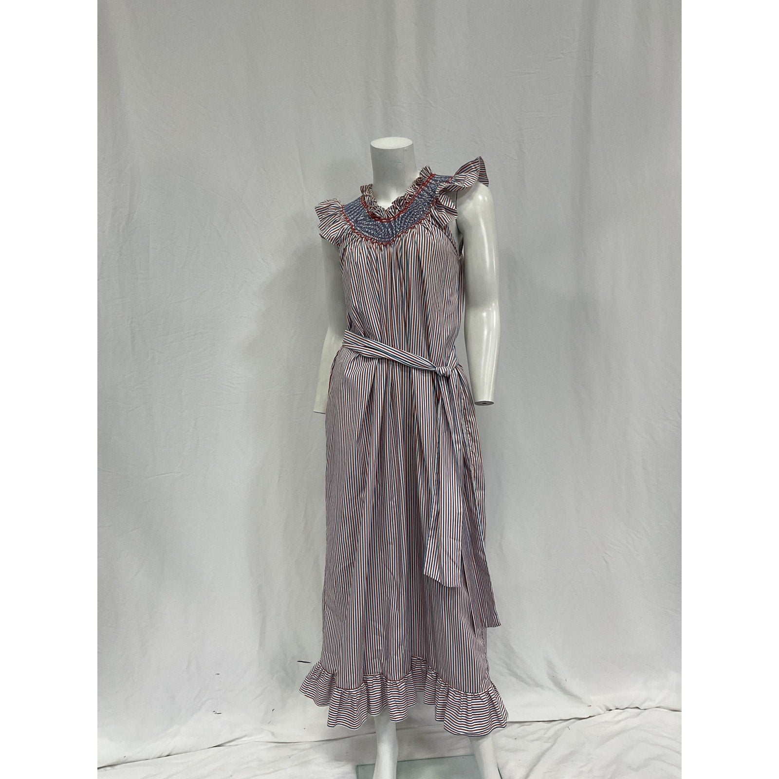 Loretta Caponi 'Delfina' Blue Cotton Belted Ruffled Smocked Striped Cotton-Poplin Midi Dress Size OS