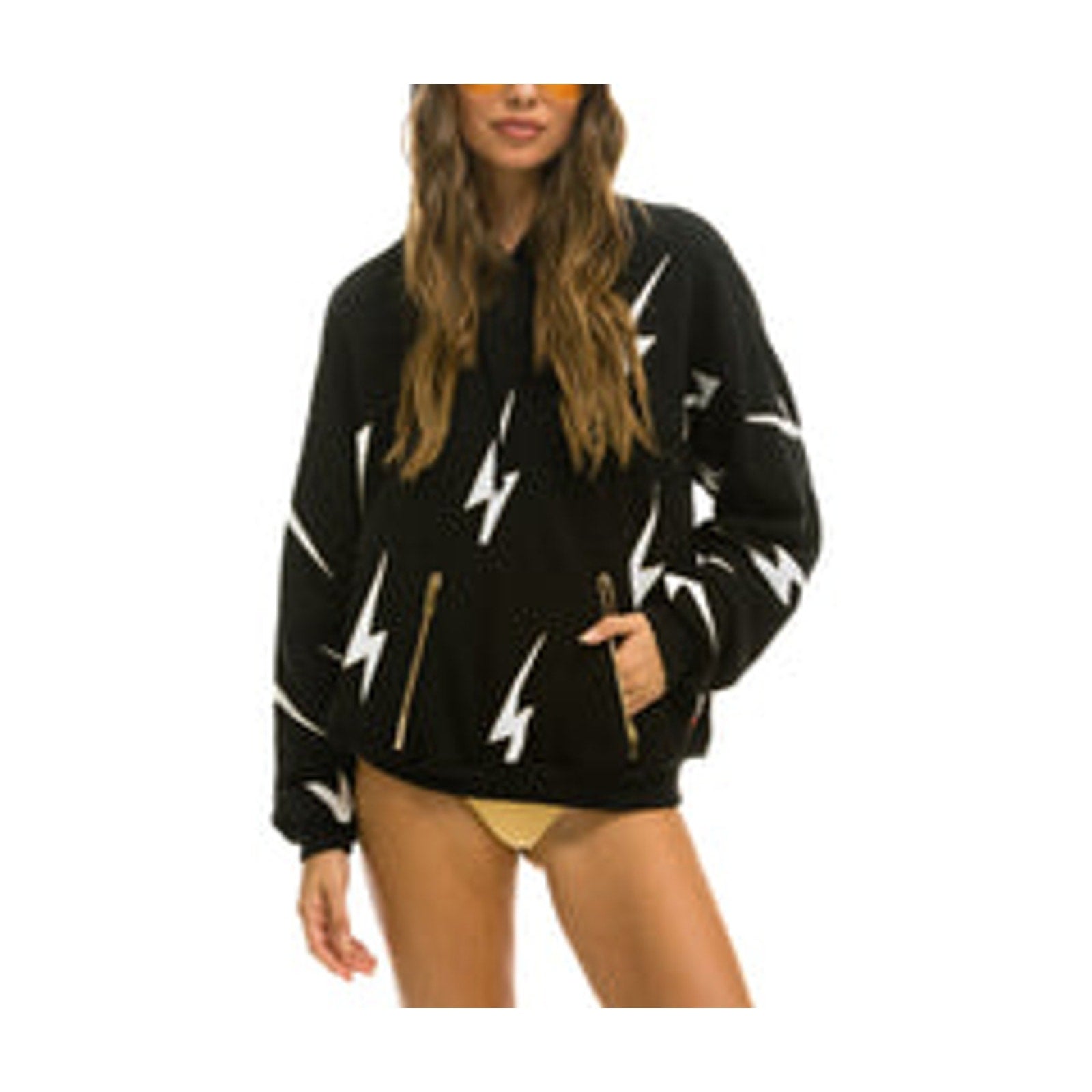 Aviator Nation Black Cotton Bolt Stitch Repeat Relaxed Pullover Hoodie With Pocket Zippers Size XS