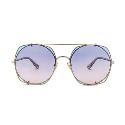 Chloé Chic Shiny Classic Gold And Light Blue Gradient Demi Round With Square Clip On Sunglasses