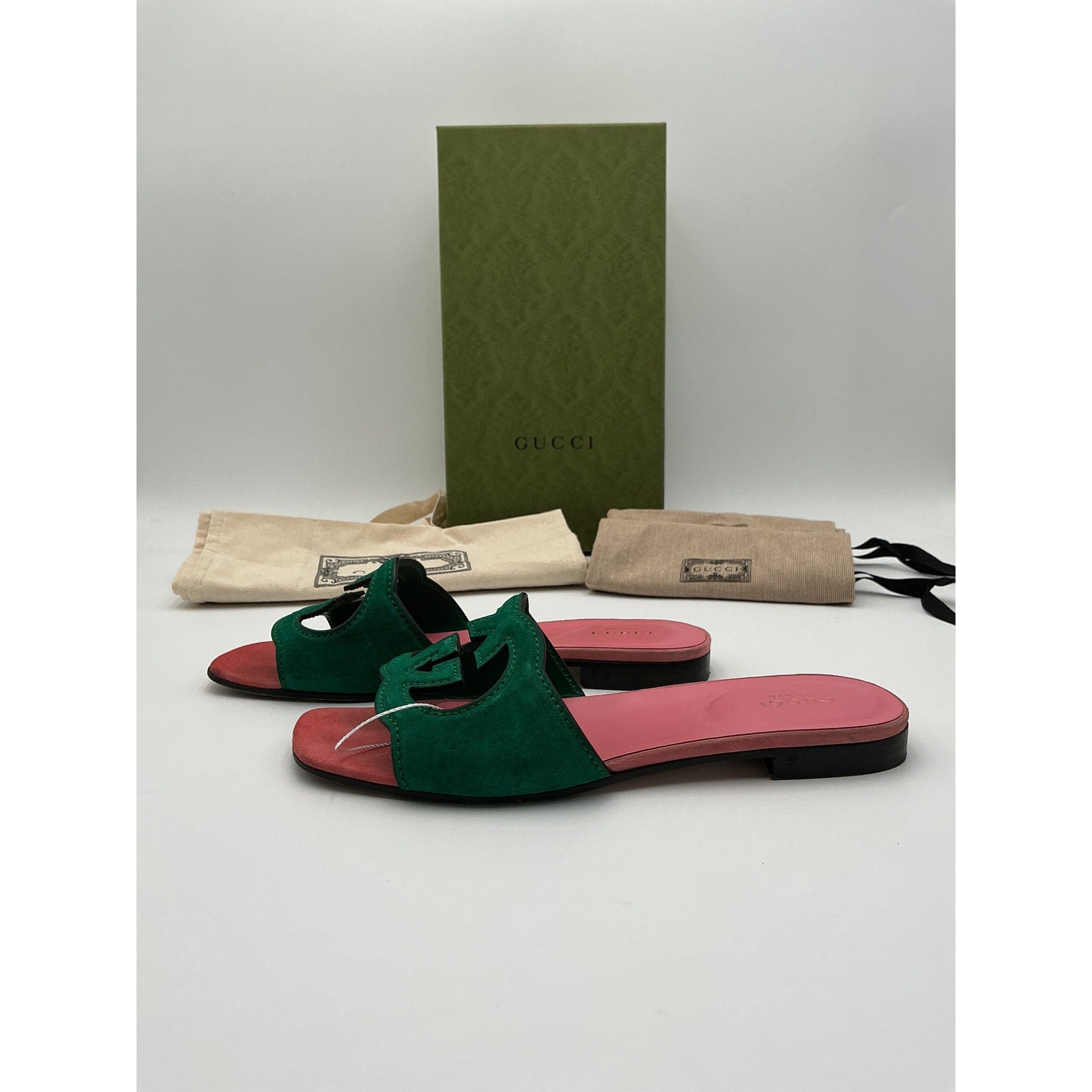 Gucci Green Suede Interlocking G Cutout Sandals Size 7.5