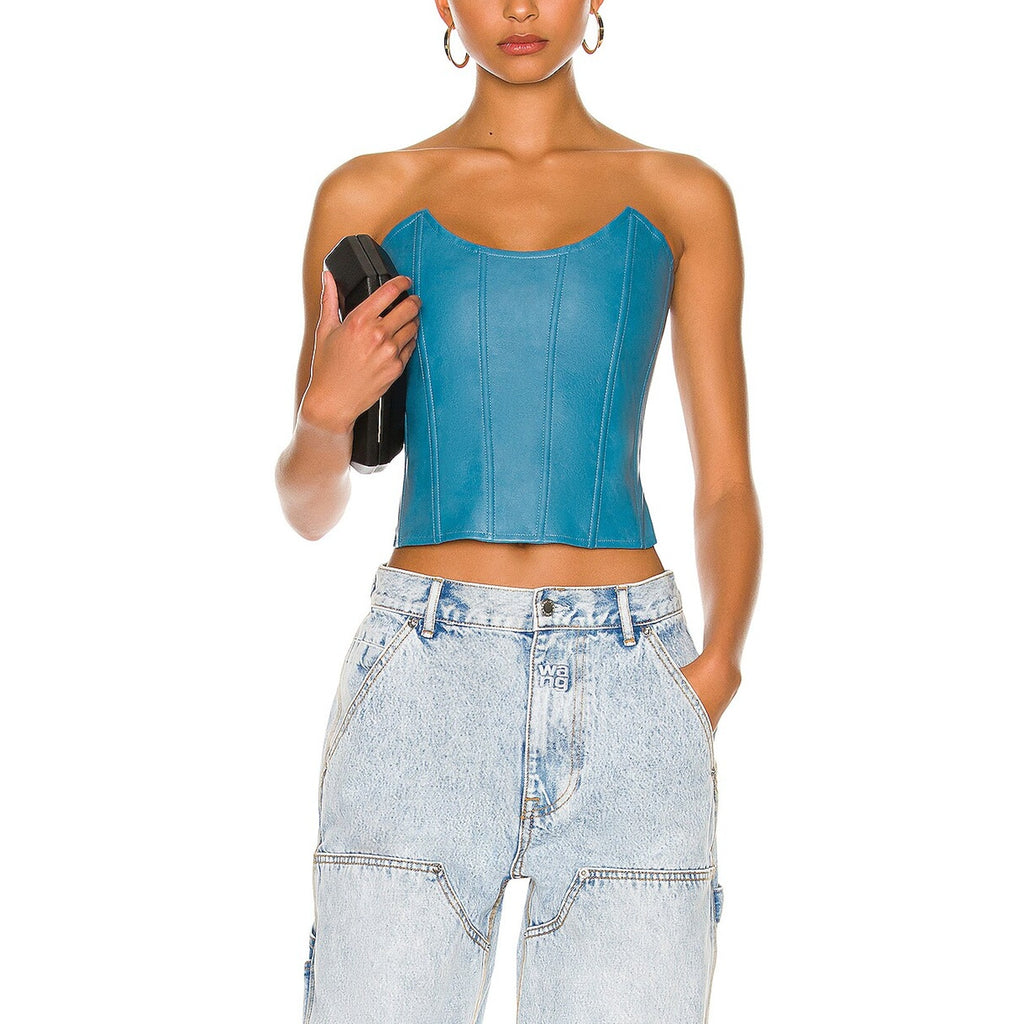 Miaou 'Leia' Blue Polyurethane Vegan Leather Corset Size M