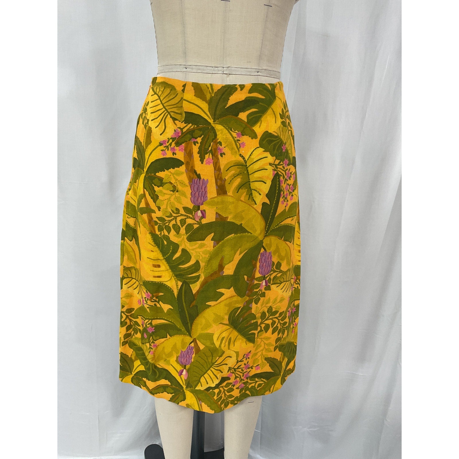 Farm Rio 'Banana' Yellow Linen Blend Leaf Midi Skirt Size S