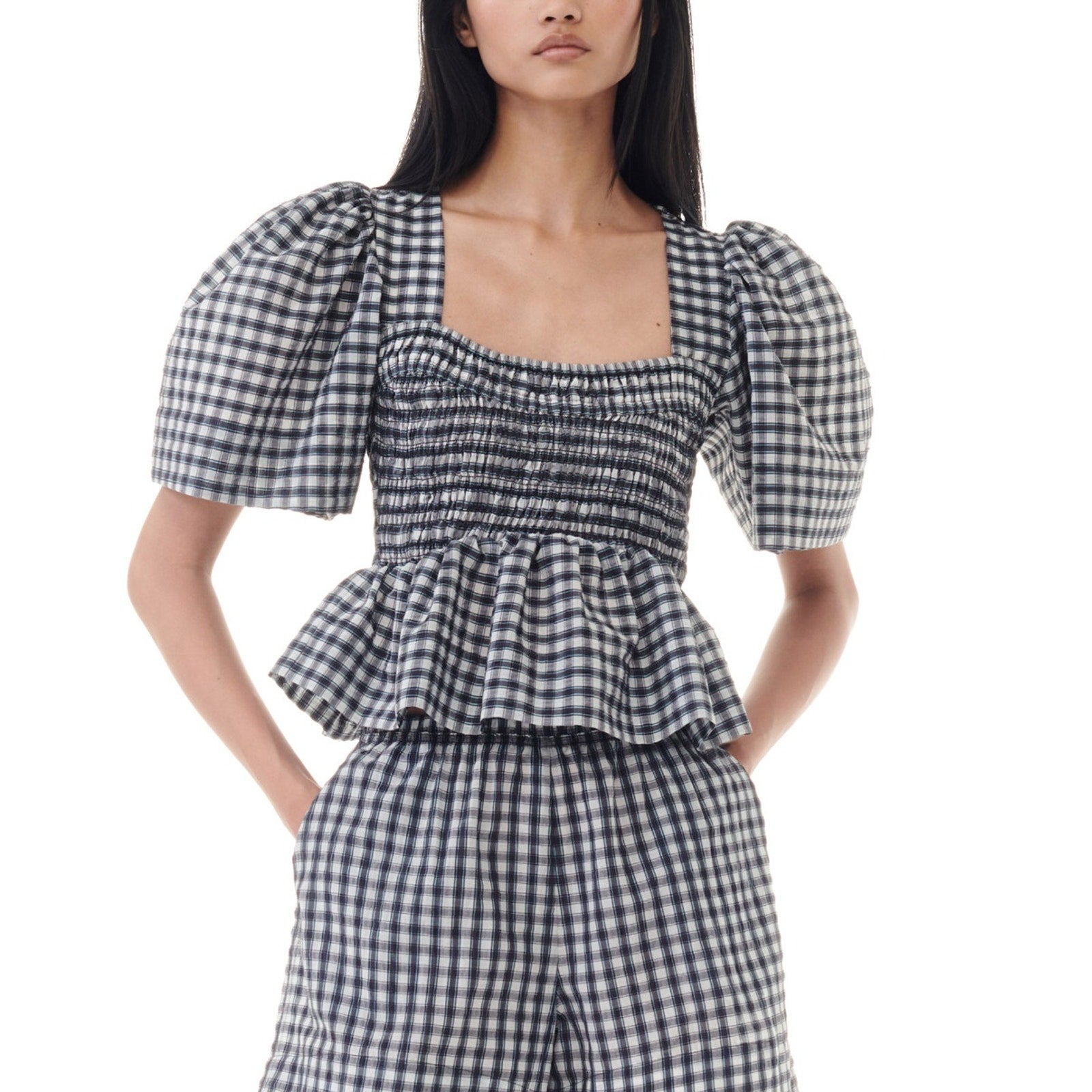Ganni Seersucker Check Black Polyester Open-Neck Smock Blouse Size 36