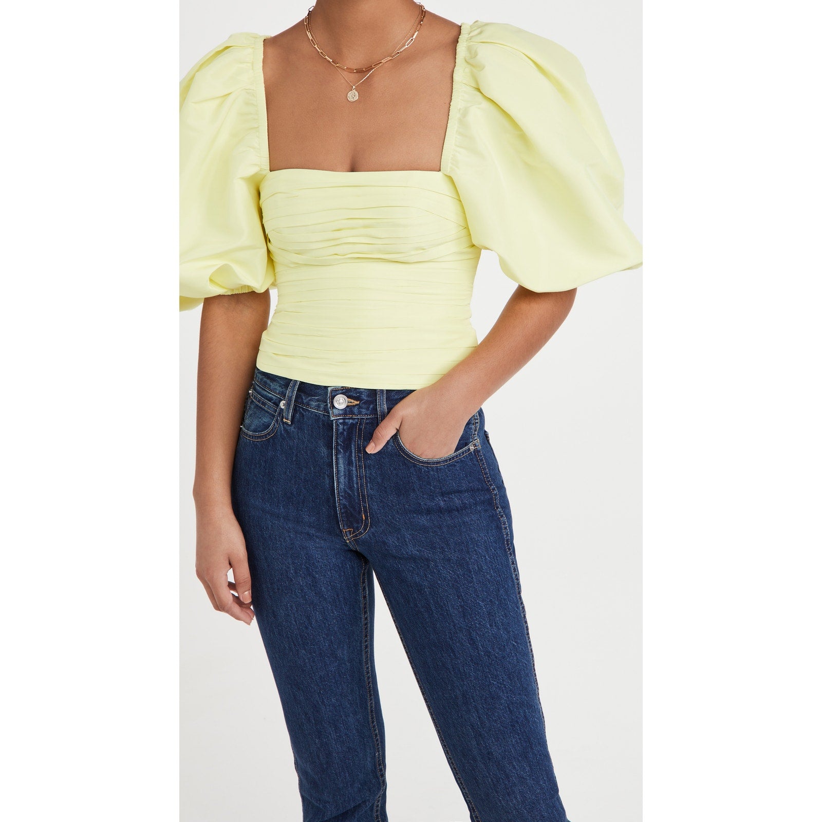 Self Portrait Green Taffeta Oversized Ballon Sleeve Square Neck Top Size 6 - NWT