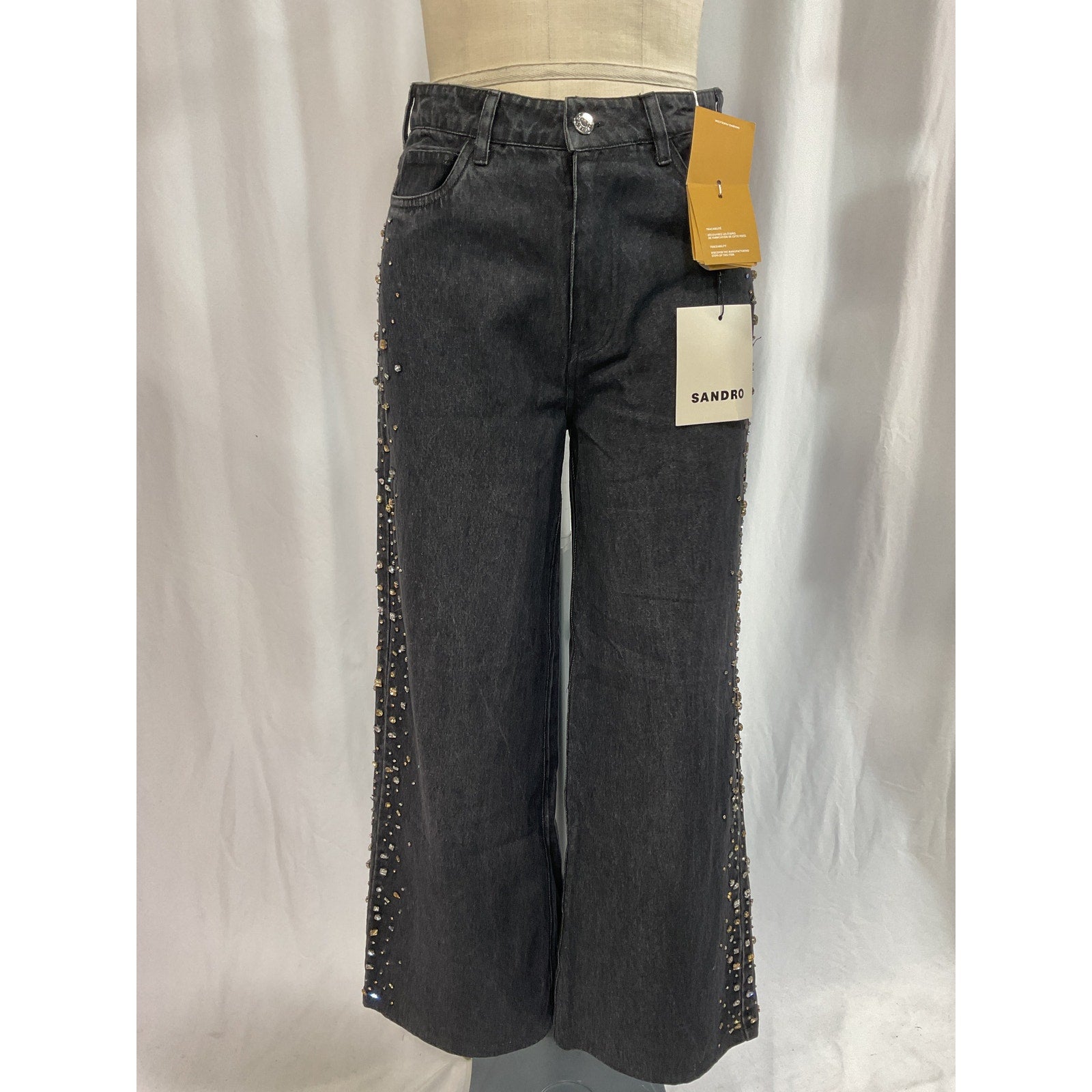 Sandro Wide-Leg Black Rhinestone Jeans Size 36 - NWT
