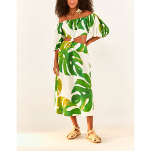 Farm Rio 'Monstera' White Linen Knot Midi Dress Size XS