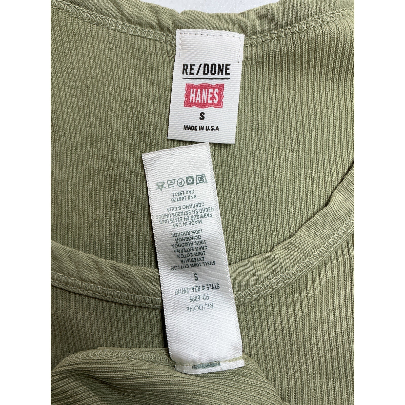Re/Done Originals Green Cotton Ribbed Tank Top Size S