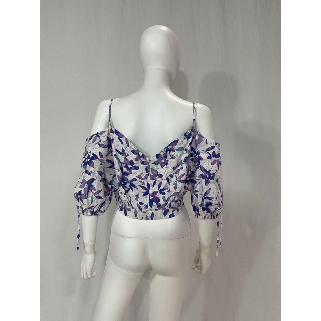 Isabel Marant 'Lizberit' White Floral Print Cold Shoulder Cut Out Crop Top Size 10