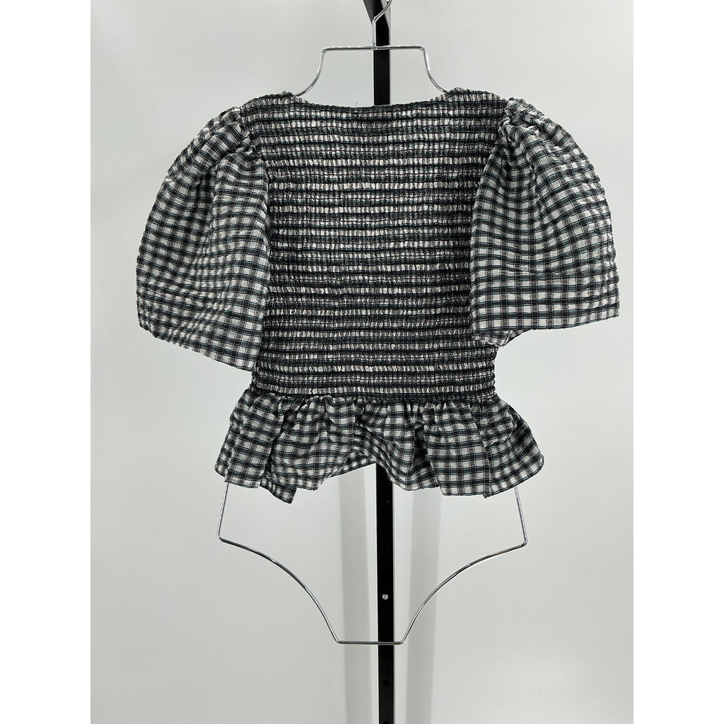 Ganni Seersucker Check Black Polyester Open-Neck Smock Blouse Size 36