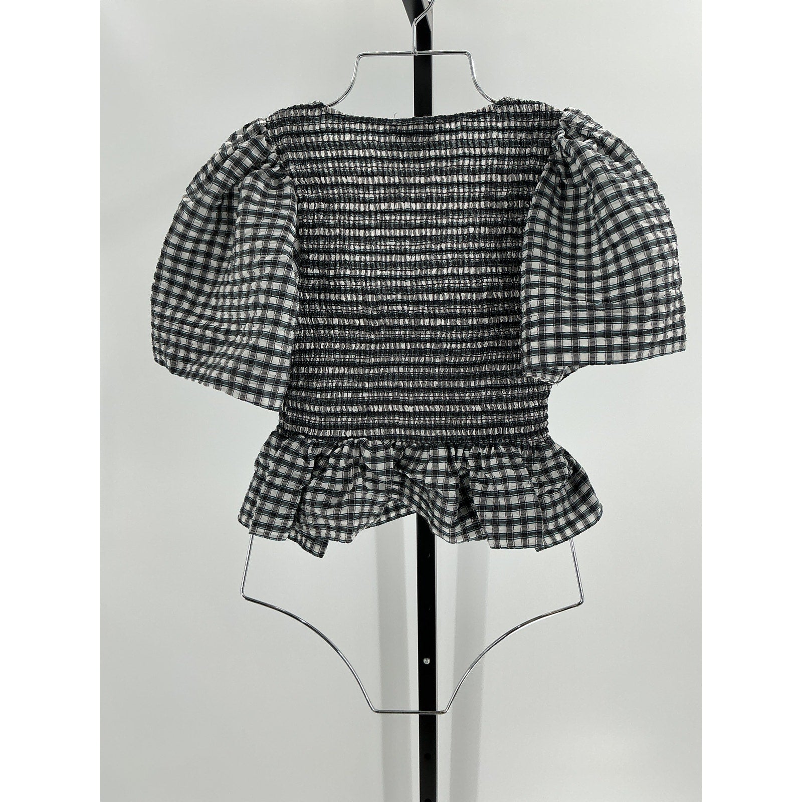 Ganni Seersucker Check Black Polyester Open-Neck Smock Blouse Size 36