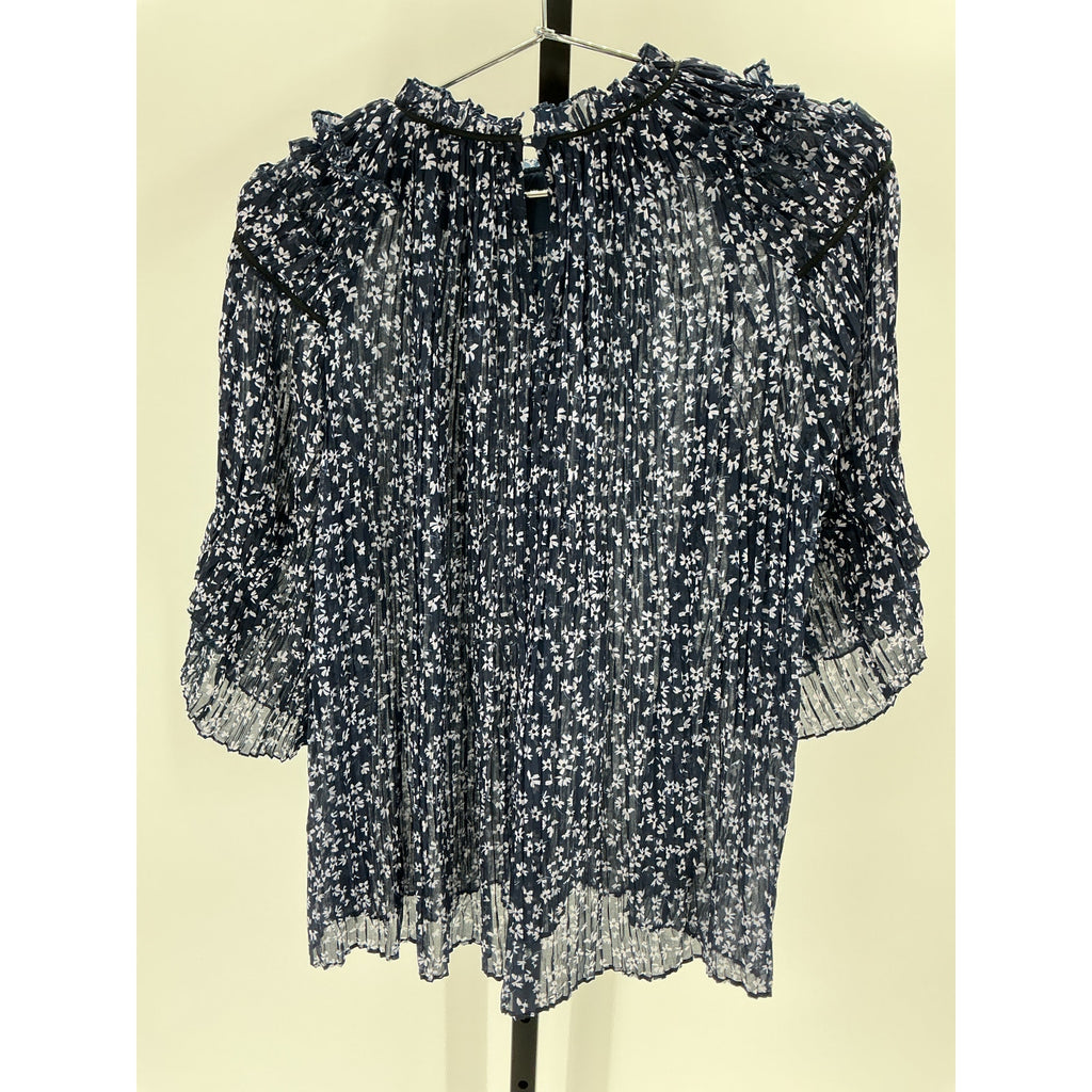 Saloni Floral Print Blue Polyester Mock Neck Blouse Size 8