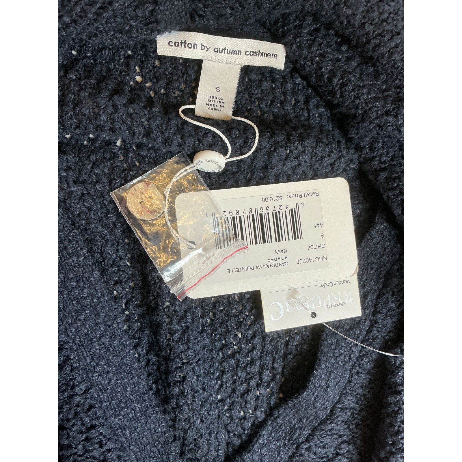 Autumn Pointelle-Knit Navy Cashmere Cotton Cardigan Size S - NWT