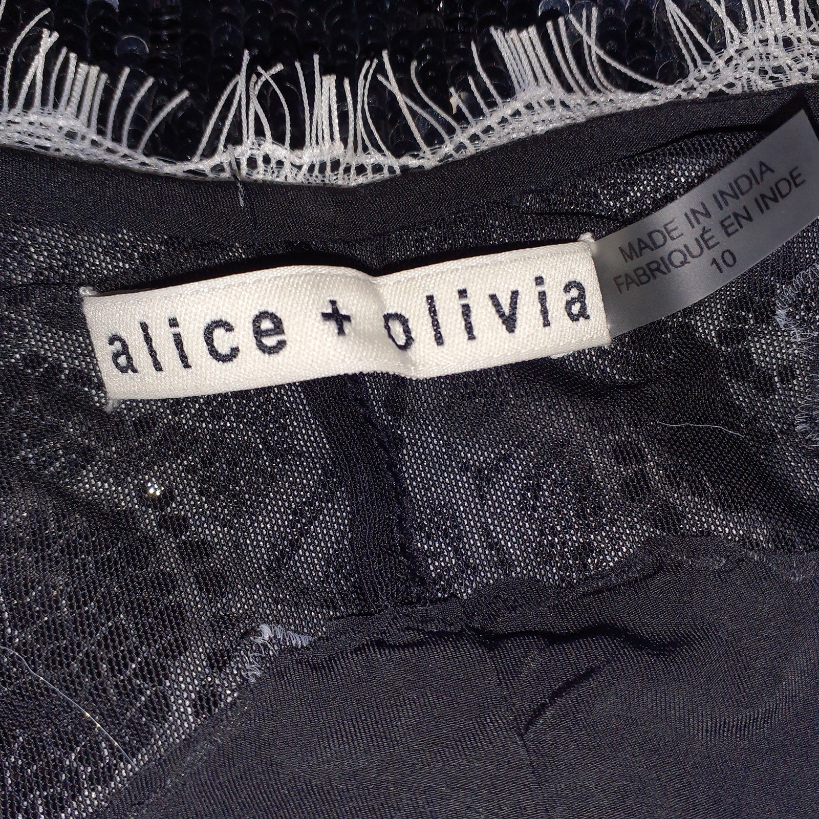Alice + Olivia 'Harley' Black V Neck Lace Trim Sequin Mini Slip Dress Size 8