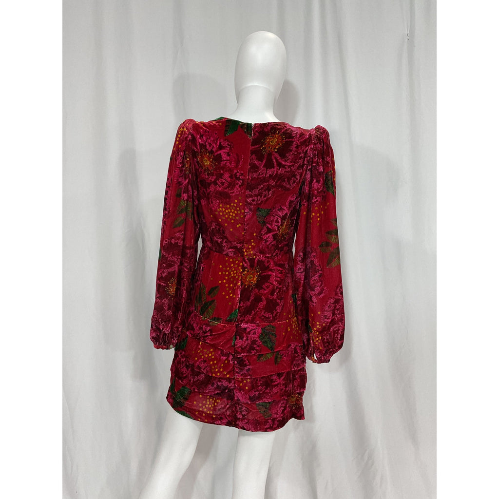 Farm Rio 'Shiny' Red Flowers Long Sleeve V Neck Mini Dress Size S