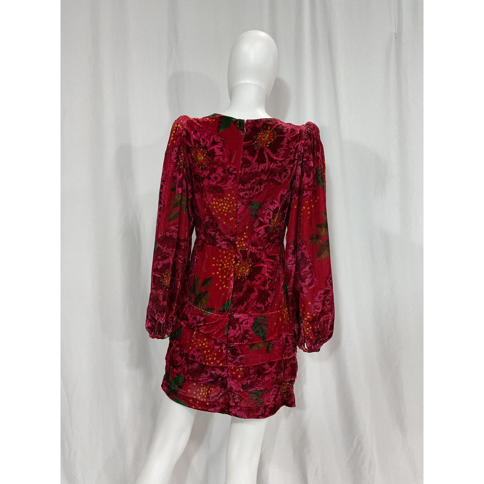 Farm Rio 'Shiny' Red Flowers Long Sleeve V Neck Mini Dress Size S