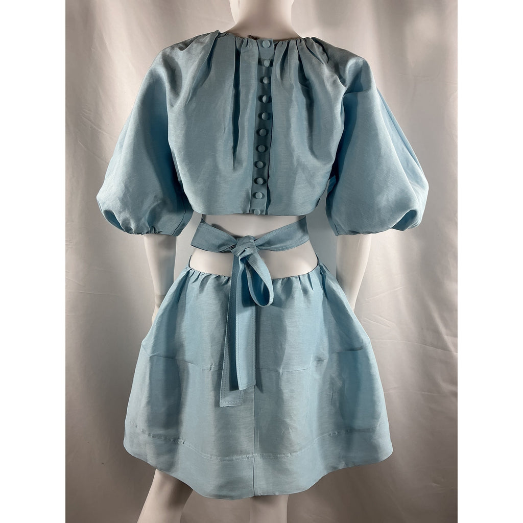 Aje 'Psychedelia' Blue Linen Cut Out Mini Dress Size 12