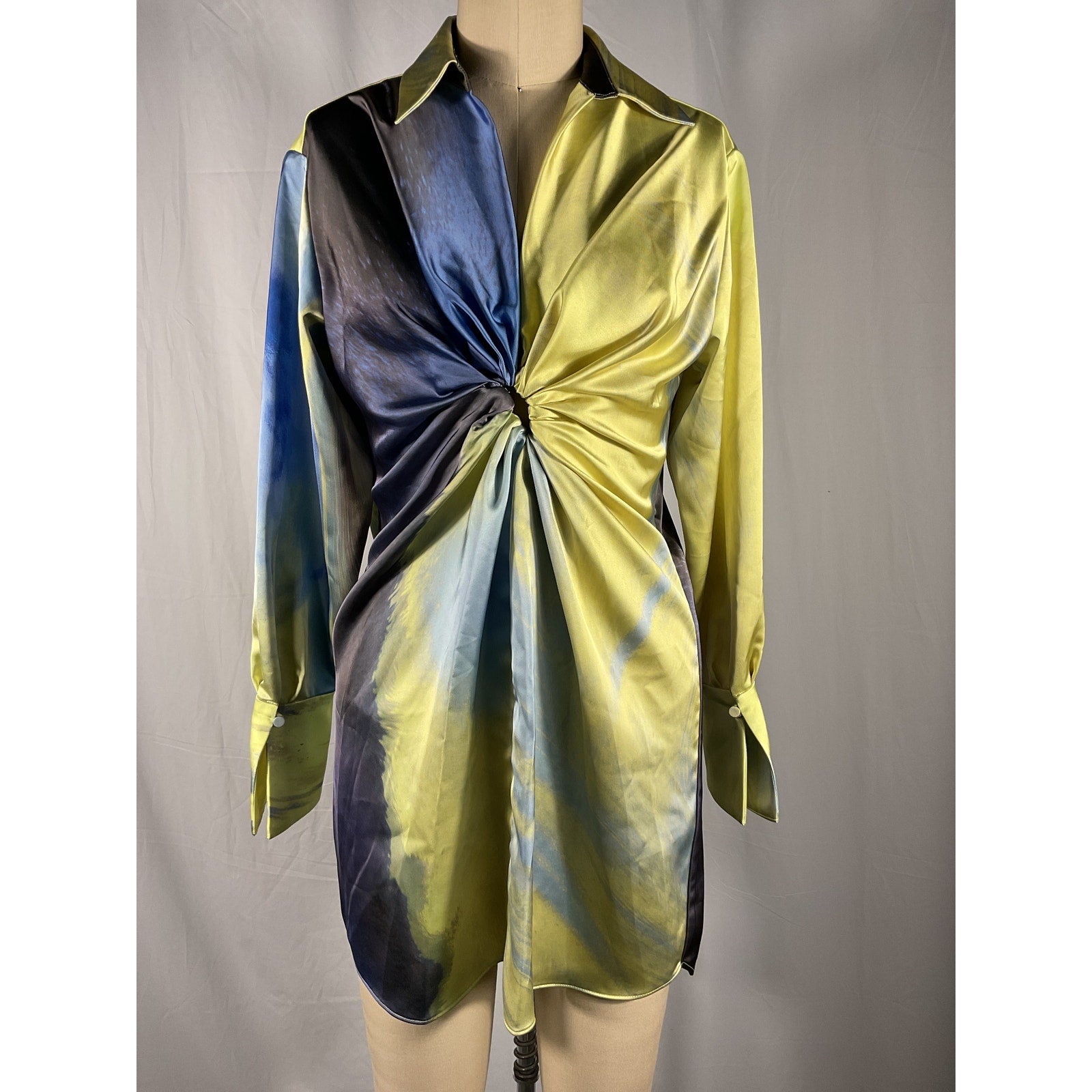 Simkhai 'Roma' Blue Print Draped Front Long Sleeve Mini Dress Size 0