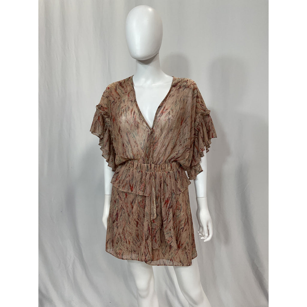 Iro 'Buoux' Pink Metallic Print Ruffle Flutter Sleeve V-Neck Mini A-Line Dress Size 4