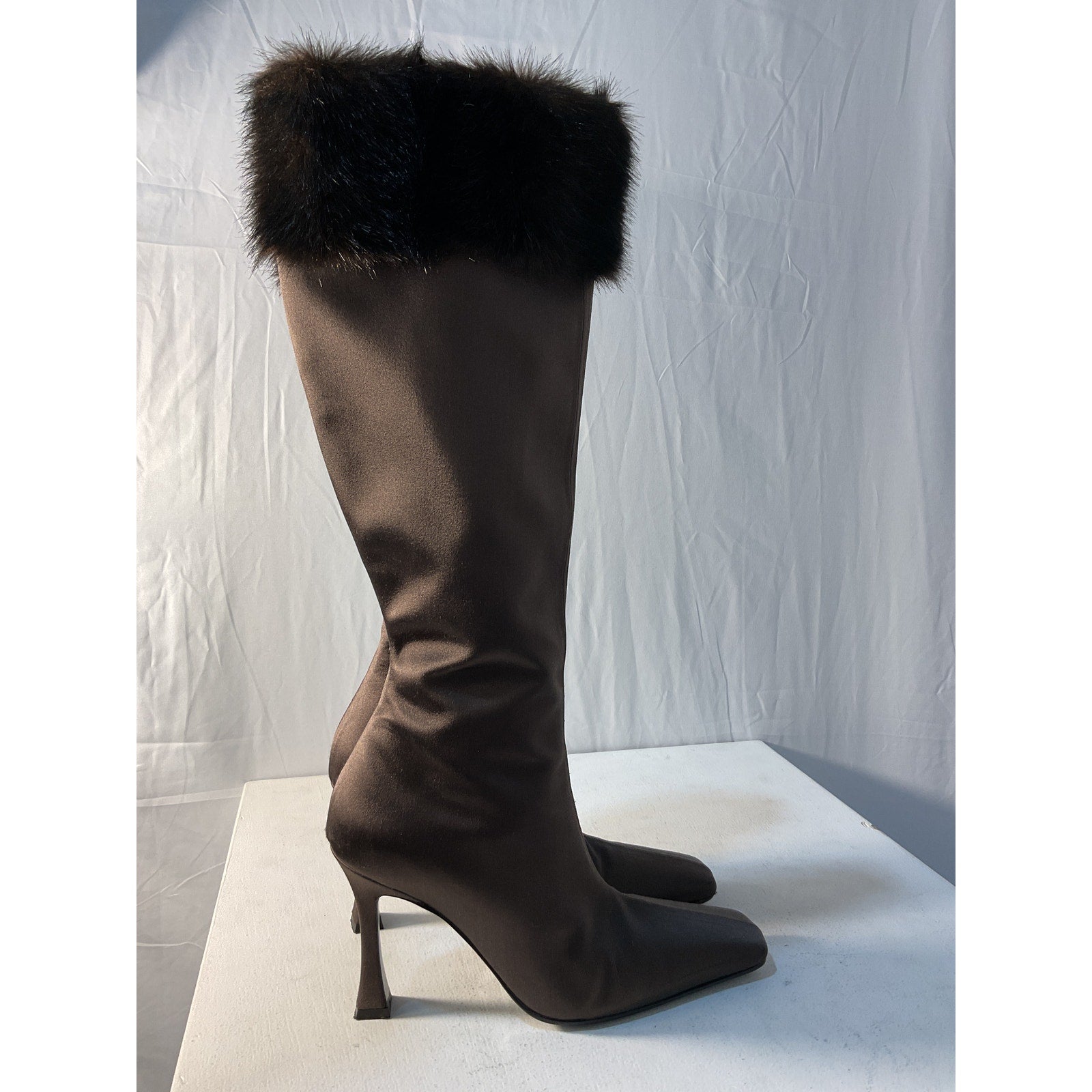 Magda Butrym 'Faux' Brown Fur-Trimmed Satin Knee Boots Size 8