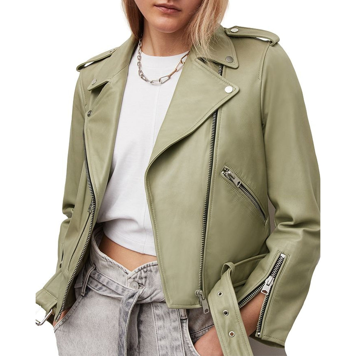 Allsaints Classic Soft Sage Balfern Leather Biker Jacket Size 8 UK / 4 US