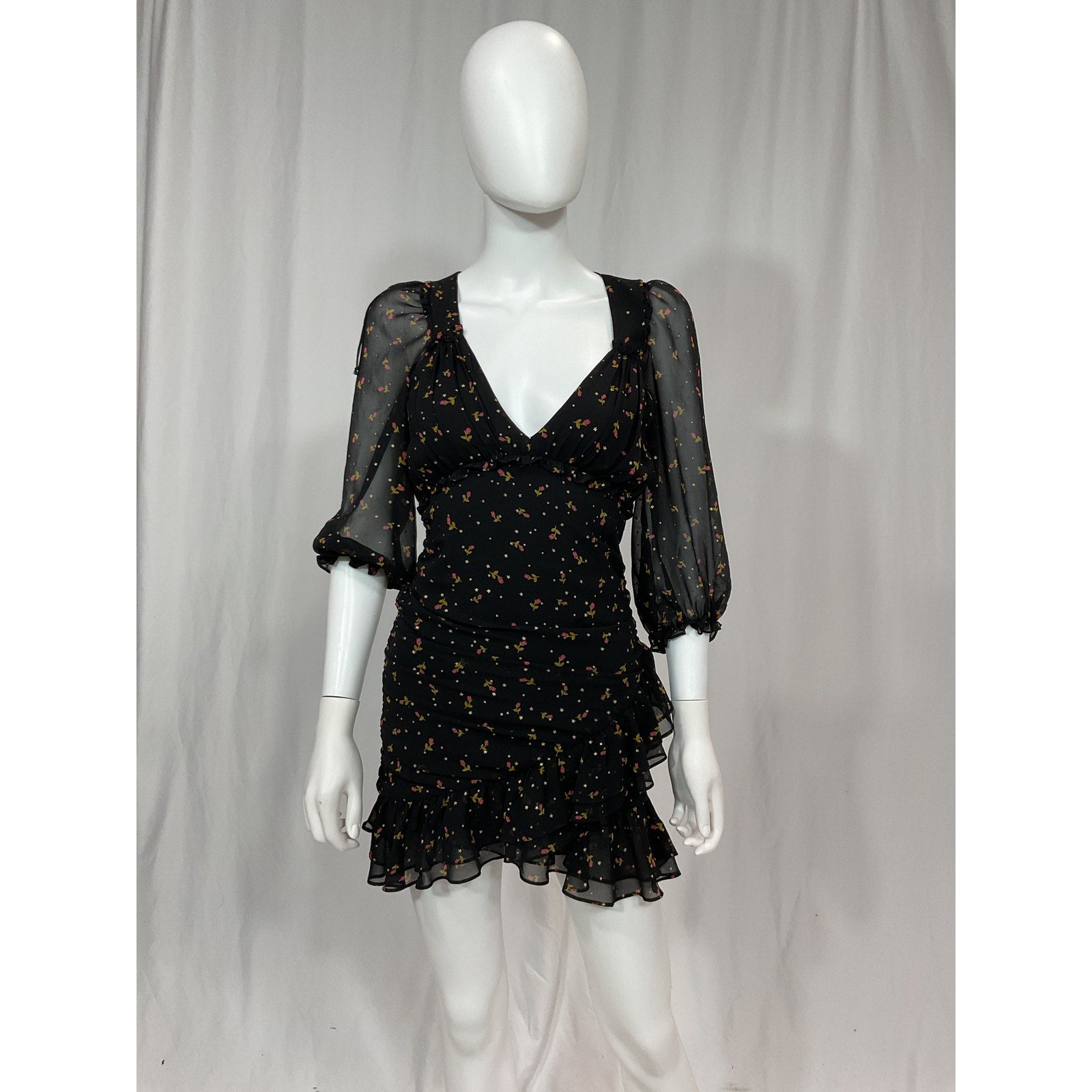 For Love & Lemons 'Juliana' Black V Neck Elbow Sleeve Floral Mini Dress Size XS