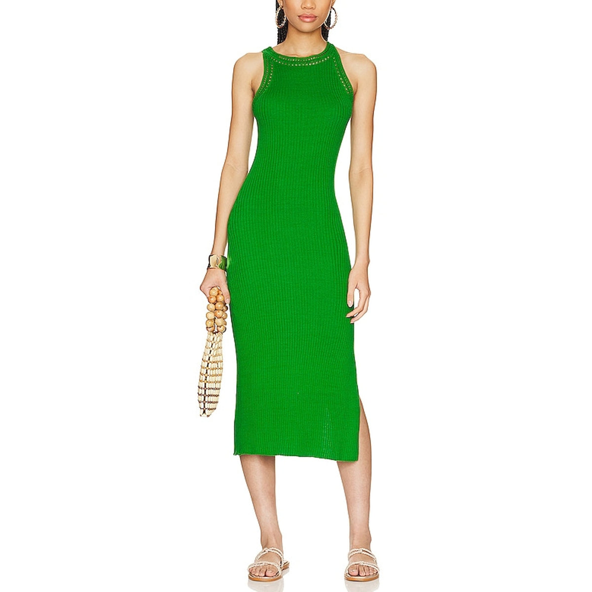 Autumn Cashmere Crochet Trimmed Green Halter Rib Dress Size S